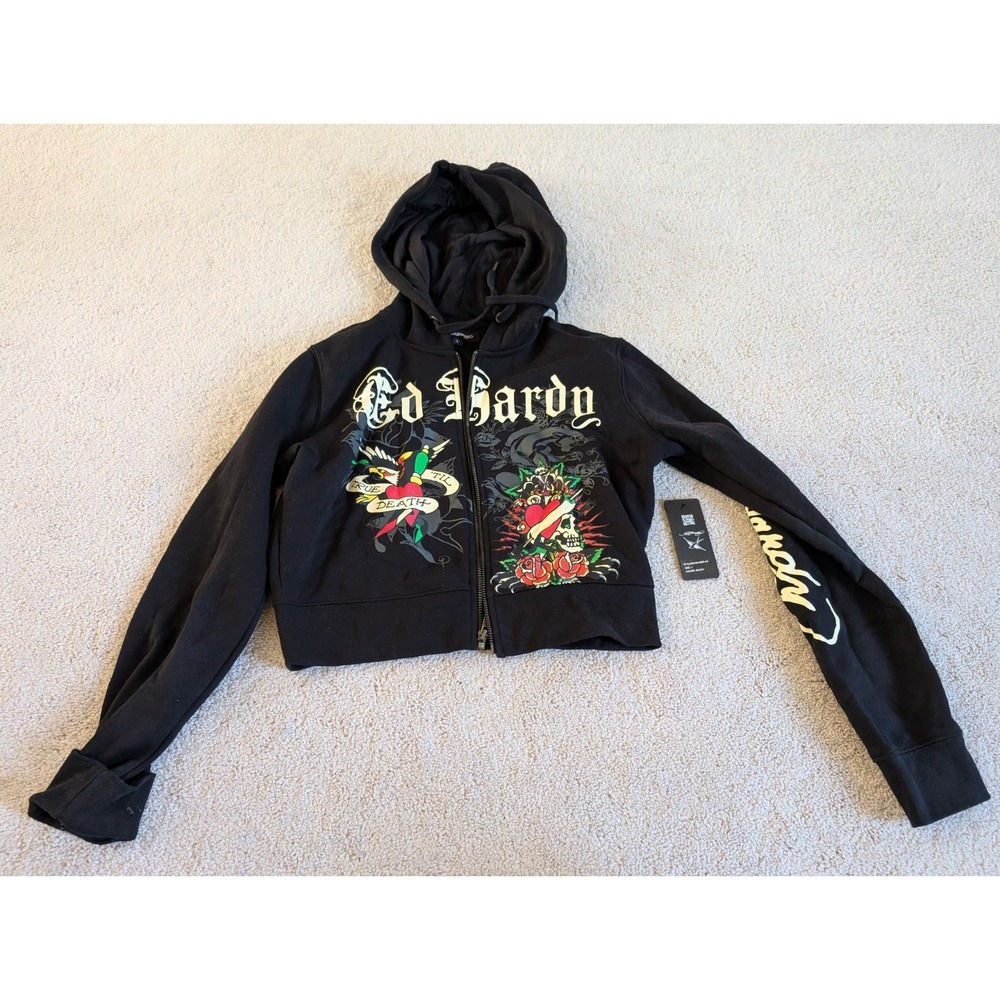 Ed Hardy True Til Death Full Zip Graphic Crop Hoodie Black EHW1800-44 Women L